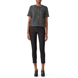 GREYLIN Tati Tweed Fringe Top XS Black Short Sleeve Crewneck Button Back EUC B32